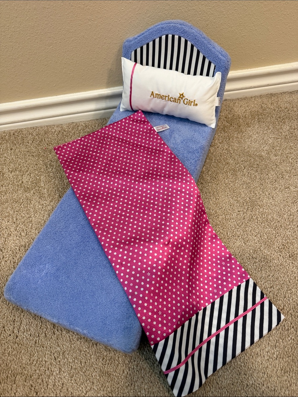 American Girl Blue Plush Doll Bed with Pink Polka Dot Cover